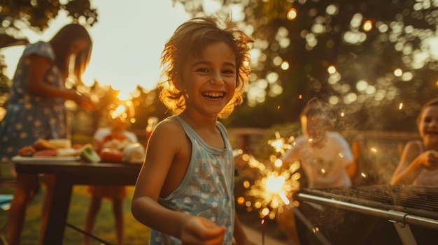 Joyful child playing with sparklers during a family barbecue on a sunny summer evening