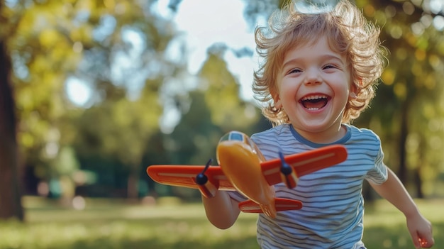 Photo joyful child playing with toy airplane in a sunny park enjoying the outdoors during a warm afternoon