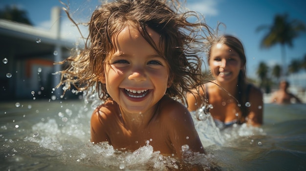 Joyful Child Reveling in Sunlit Summer Water Splashes