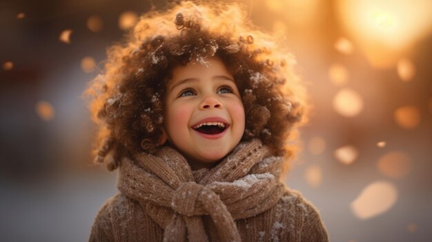 Joyful Child Revels in Winter Sunlight Amidst Snowflakes