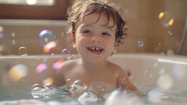 Joyful Child Splashing in Warm Bathtub Filled with Colorful Soap Bubbles in SoftNatural Lighting