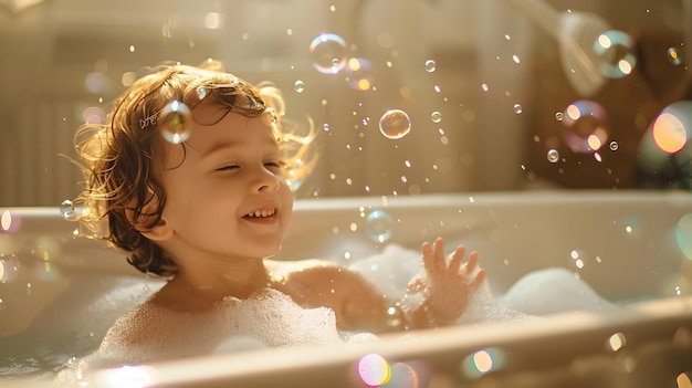 Joyful Child Splashing in Warm Bathtub Filled with Colorful Soap Bubbles