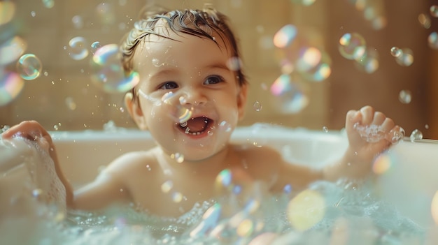 Joyful Child Splashing in Warm Bubble BathSurrounded by Soft Lighting and Floating Soap Suds