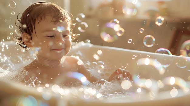 A Joyful Child Splashing in Warm Soapy BathwaterSurrounded by Whimsical Floating Bubbles