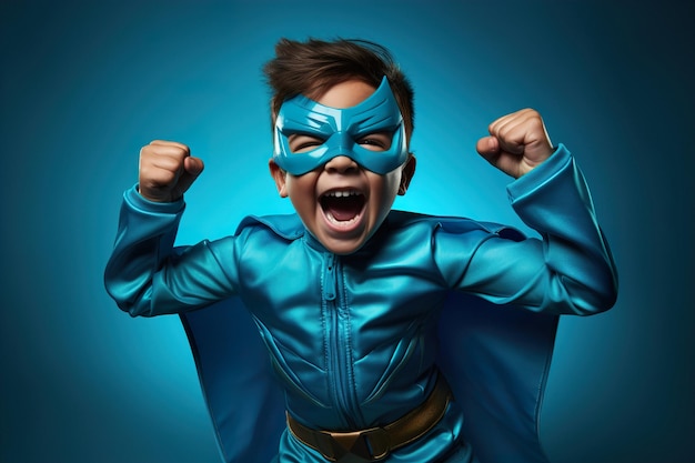 Joyful child superhero on a cyan background masquerade costume of a superhero