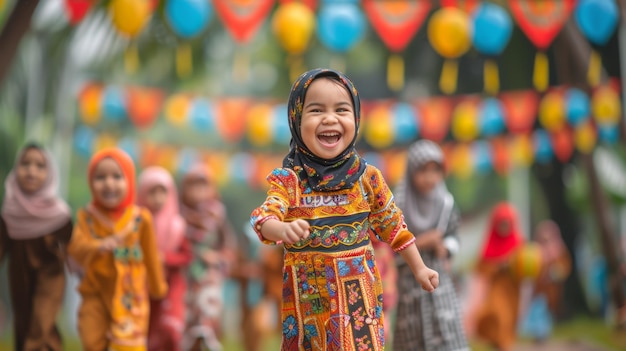 Joyful child in vibrant traditional attire leading a group of kids at an Eid alAdha celebration