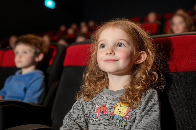 A joyful child watching a movie in a theater captivated by the screen and surrounded by fellow moviegoers