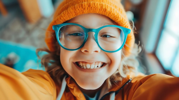 Photo a joyful child wearing a bright orange beanie and blue glasses capturing a fun selfie with a big smile at home