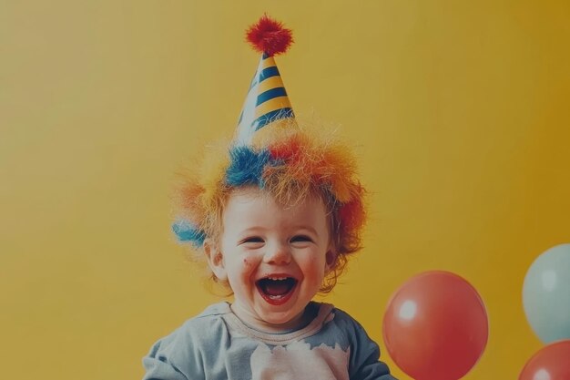 A joyful child wearing a colorful party hat smiles brightly during a birthday celebration