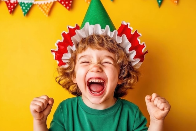 Joyful child wearing festive hat celebrates a special occasion in front of on yellow background