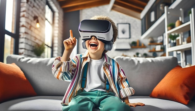 Joyful child wearing modern virtual reality glasses