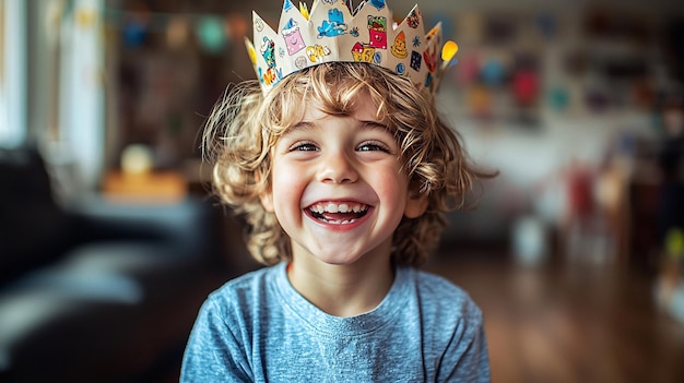 A joyful child wearing a whimsical paper crown makes a silly face embracing their inner royalty