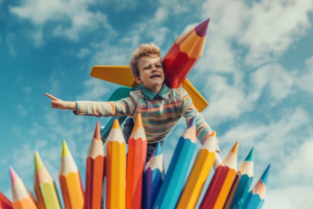 Photo joyful child with arms raised above colorful pencils on blue background