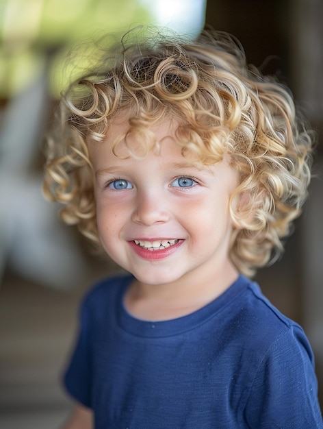 Joyful Child with Curly Hair and Bright Blue Eyes Happy Childhood Moments