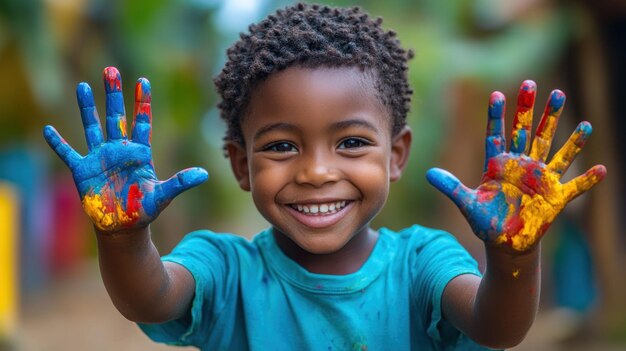 Photo a joyful child with painted hands