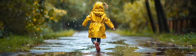 A joyful child in a yellow raincoat splashes through puddles during a rainy day surrounded by lush greenery and vibrant colors