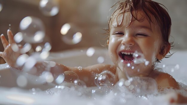 Joyful Child39s Delight A Frozen Moment of Playing with Soap Bubbles in the Bathtub