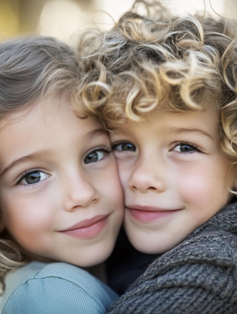 Photo joyful childhood connection two happy kids embracing in nature