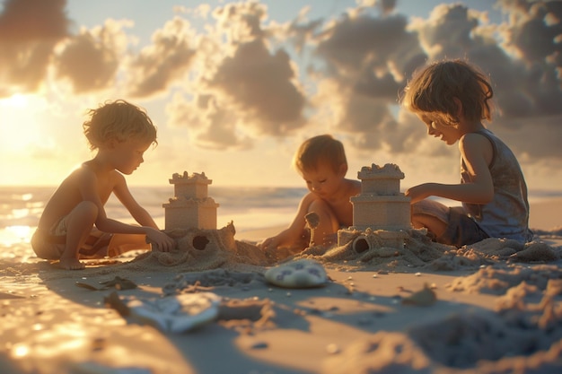 Joyful children building sandcastles on the beach