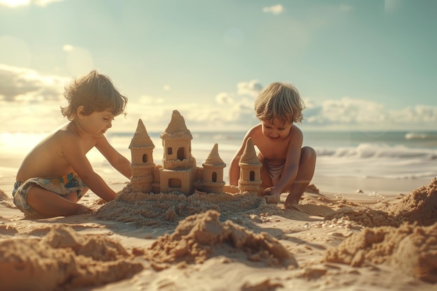 Joyful children building sandcastles on the beach