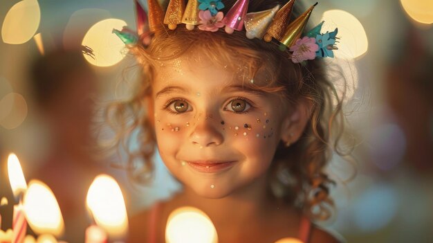 Photo joyful children celebrating a birthday ceremony with candles and colorful party hats