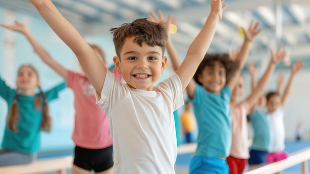 Joyful children exercising in a gym smiling and raising their hands showcasing fitness