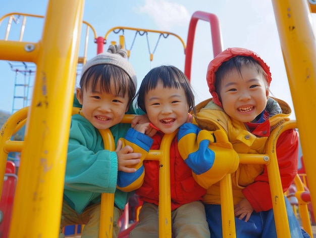 Joyful children from china experience joy and laughter while playing on the playground