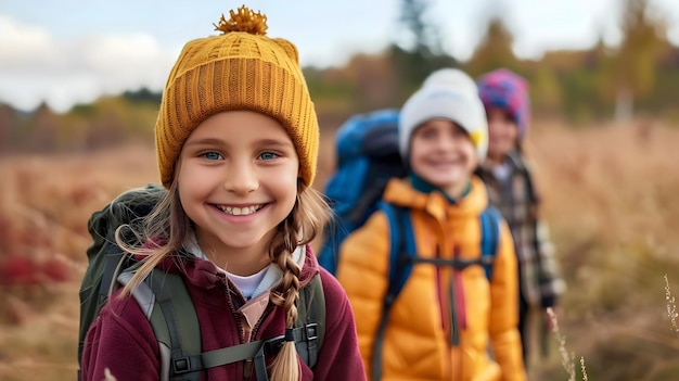 Photo joyful children hiking autumn wilderness smiling adventure nature exploration friends