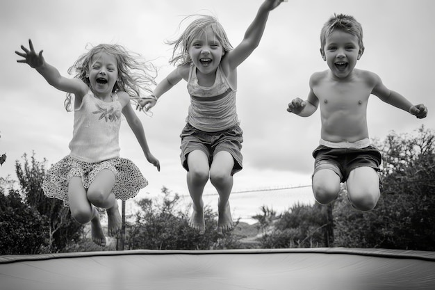 Photo joyful children leaping on a trampoline capturing pure happiness and playful energy