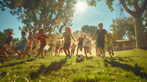 Joyful Children Playing Soccer on a Sunny Day in a Green Field Celebrating Friendship and Outdoor F