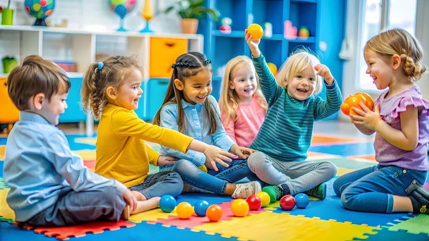 Joyful Children Playing Together in a Colorful Playroom ideal for use in materials about early chil