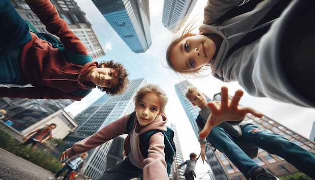 Photo joyful children playing in urban park with skyscrapers in the background