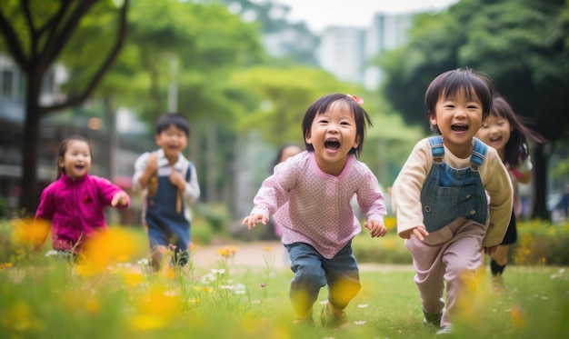 Joyful children running carefree in a park with wildflowers embodying happiness and freedom