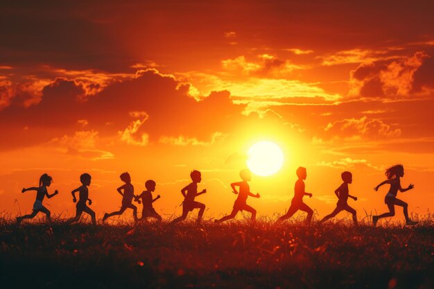 Photo joyful children silhouette running in a field at sunset with the sun in the background happy and carefree