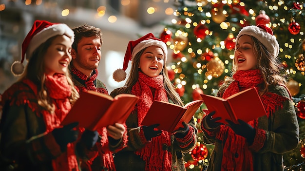 Photo joyful children singing christmas carols under glowing street lamp on snowy winter night