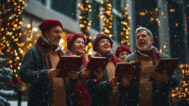 Photo joyful children singing christmas carols under glowing street lamp on snowy winter night