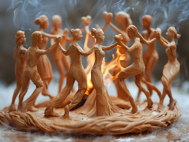 Joyful Clay Friends Dancing Around Bonfire Forming Heart and Handshake Shapes