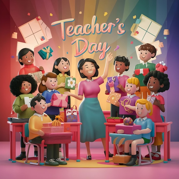 a joyful colorful 3d rendering of a teacher s day