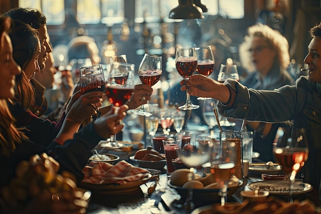 Joyful Companions Celebrating with Crimson Wine Glasses at a Gathering Enjoying the Moment