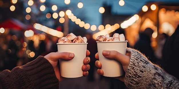 A joyful composition of People hands holding cups of hot cocoa with marshmallows Close up of