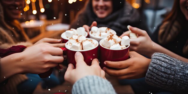 A joyful composition of People hands holding cups of hot cocoa with marshmallows Close up of