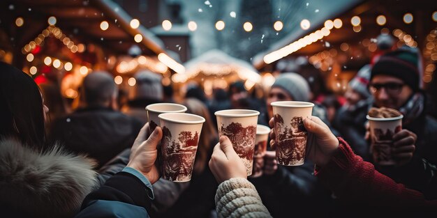 A joyful composition of People hands holding cups of hot cocoa with marshmallows Close up of