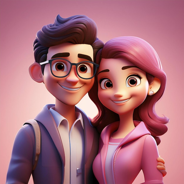 Joyful Couple Cartoon Portrait in Light Magenta and Subtle Gradients