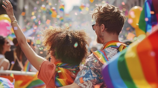 Joyful couple celebrating at pride parade