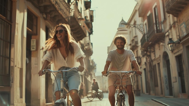 Joyful couple cycling together on a sunlit urban street