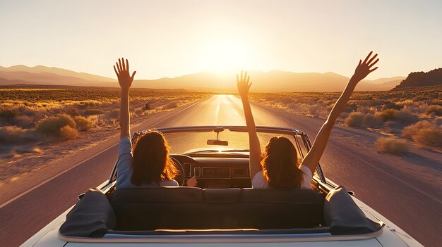 Photo joyful couple embracing freedom on a scenic sunlit drive in a convertible