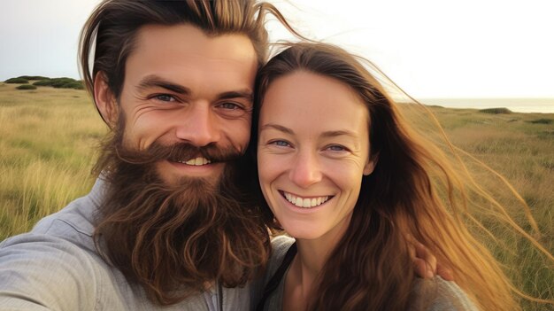 Joyful Couple Embracing with Scenic Background Sunlight