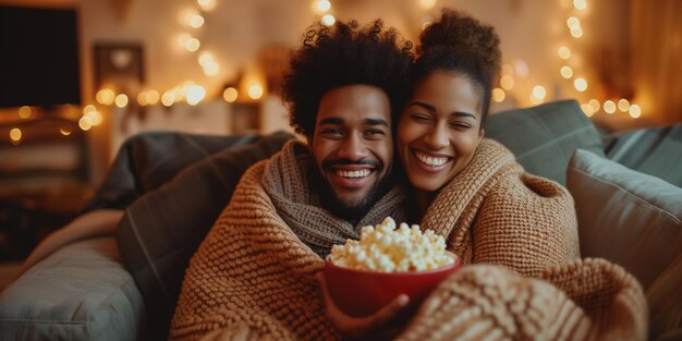 Joyful Couple Enjoying Movie Night with Popcorn