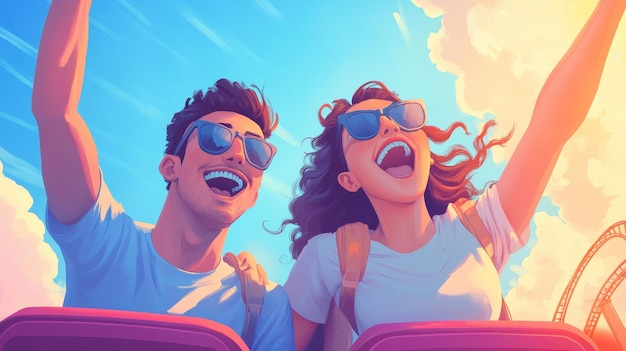 Photo joyful couple enjoying a roller coaster ride on a sunny day celebrating life and thrills with laughter and excitement