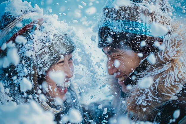 Joyful Couple Enjoying Snowfall Together Smiling and Laughing in Winter Wonderland Close Up of